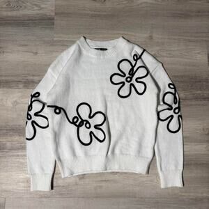 White Black Floral Sweater Graphic Knit Skater Streetwear Pullover